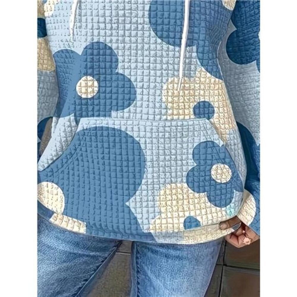 Floral Print Textured Drawstring Hoodie - Picture 6 of 11
